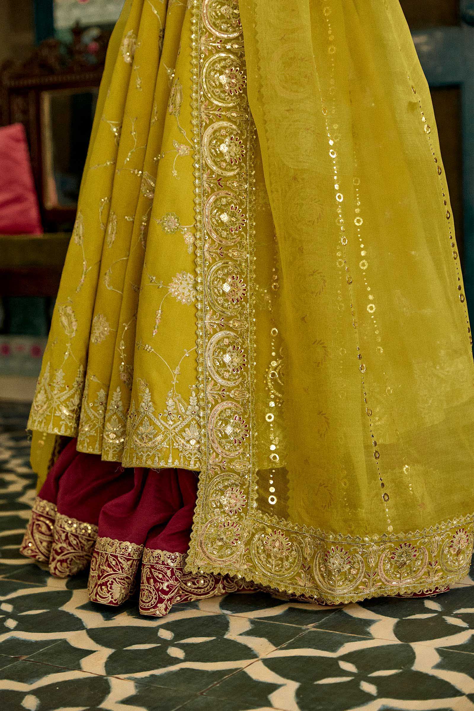 Pakistani Mustard Embroidered Raw Silk Angrakha Dress (3-Piece) - Image 4