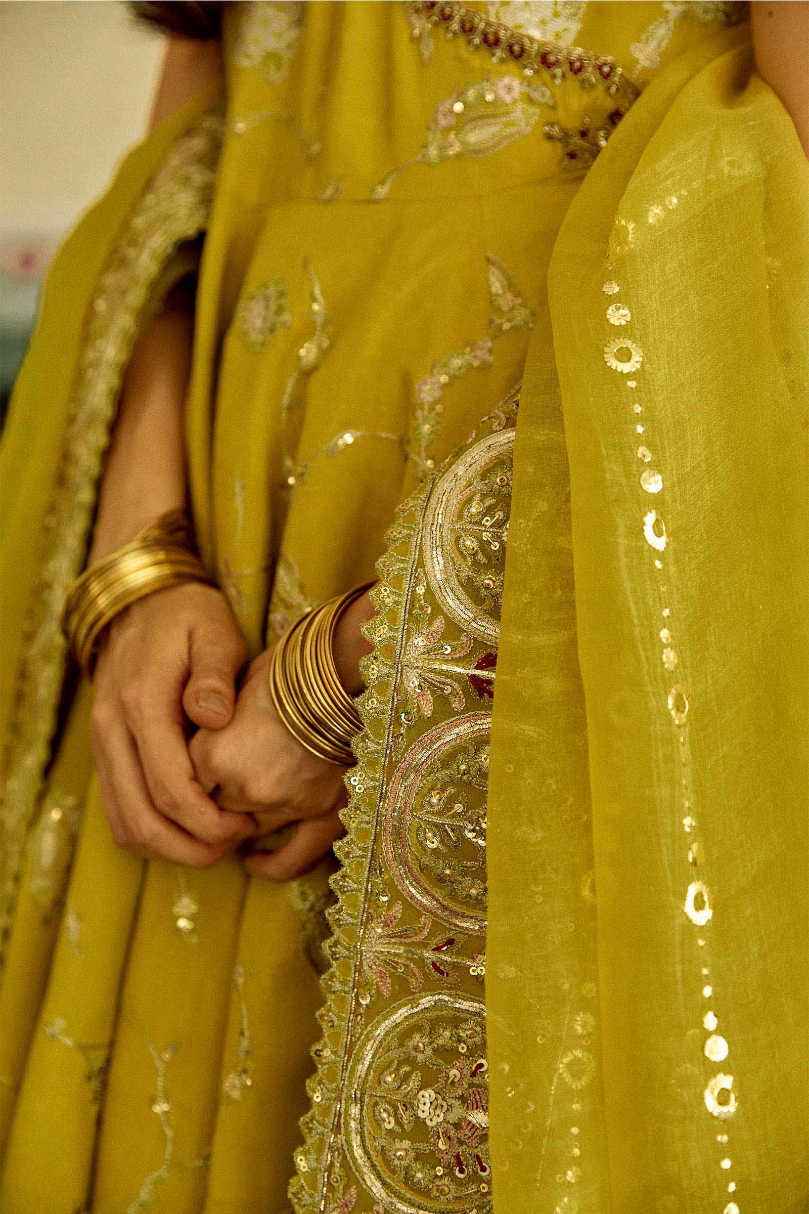 Pakistani Mustard Embroidered Raw Silk Angrakha Dress (3-Piece) - Image 5