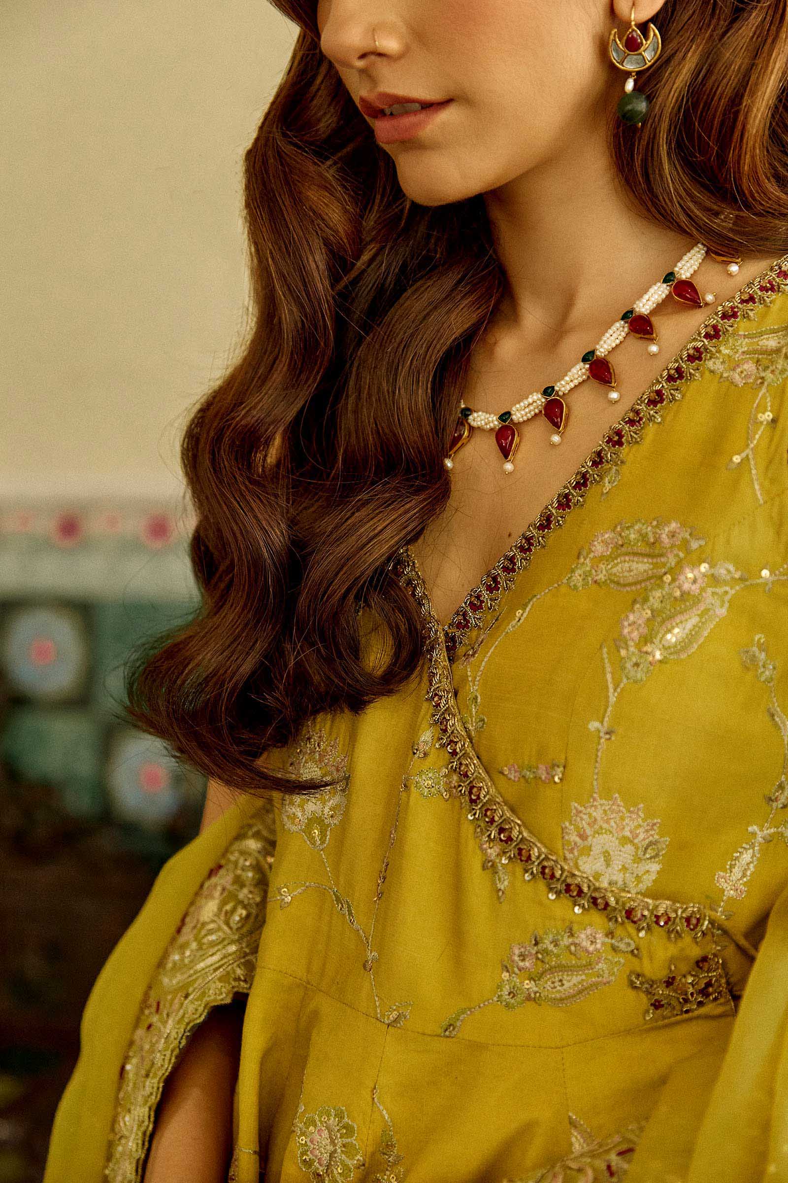 Pakistani Mustard Embroidered Raw Silk Angrakha Dress (3-Piece) - Image 6