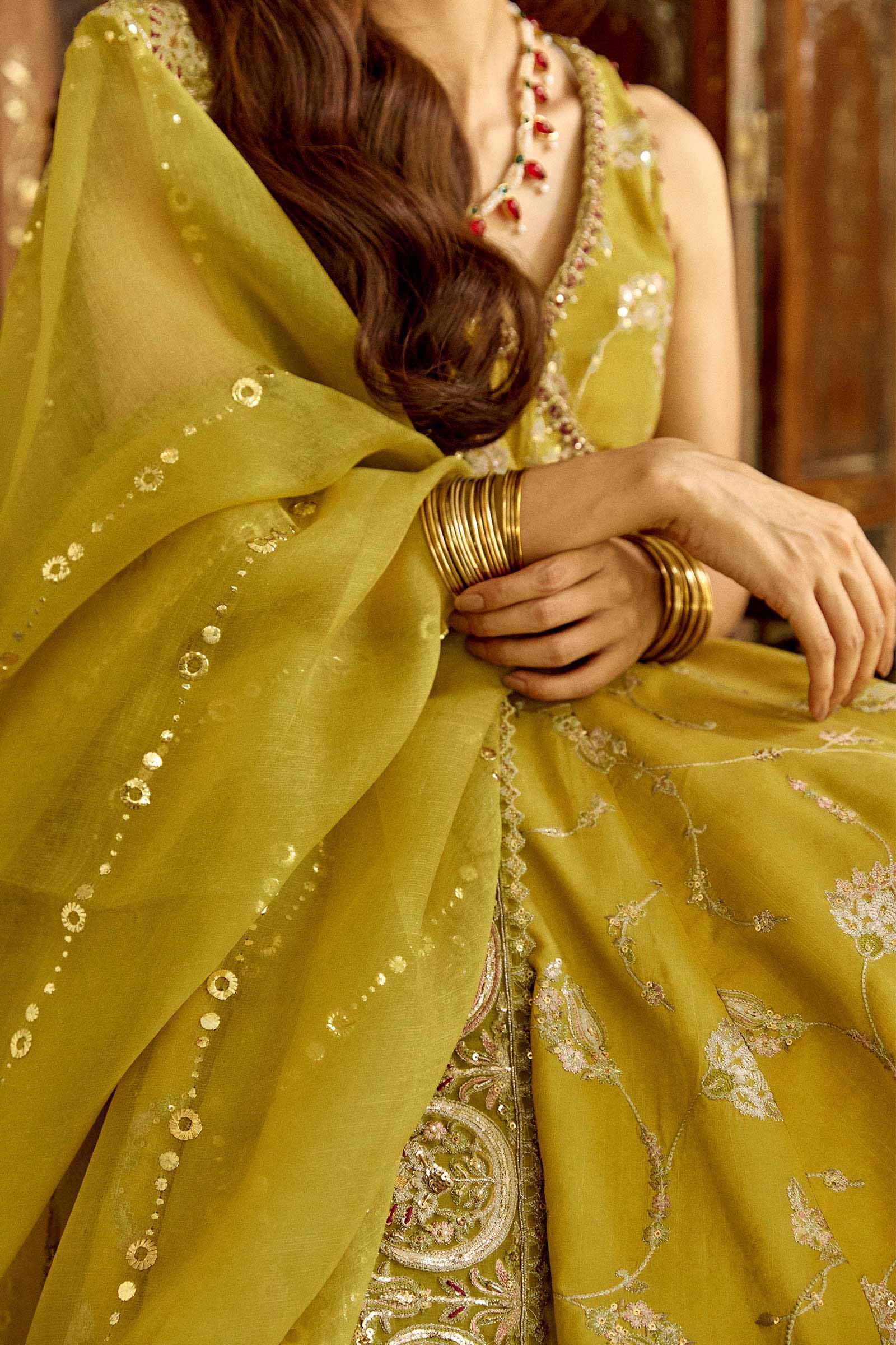 Pakistani Mustard Embroidered Raw Silk Angrakha Dress (3-Piece) - Image 7