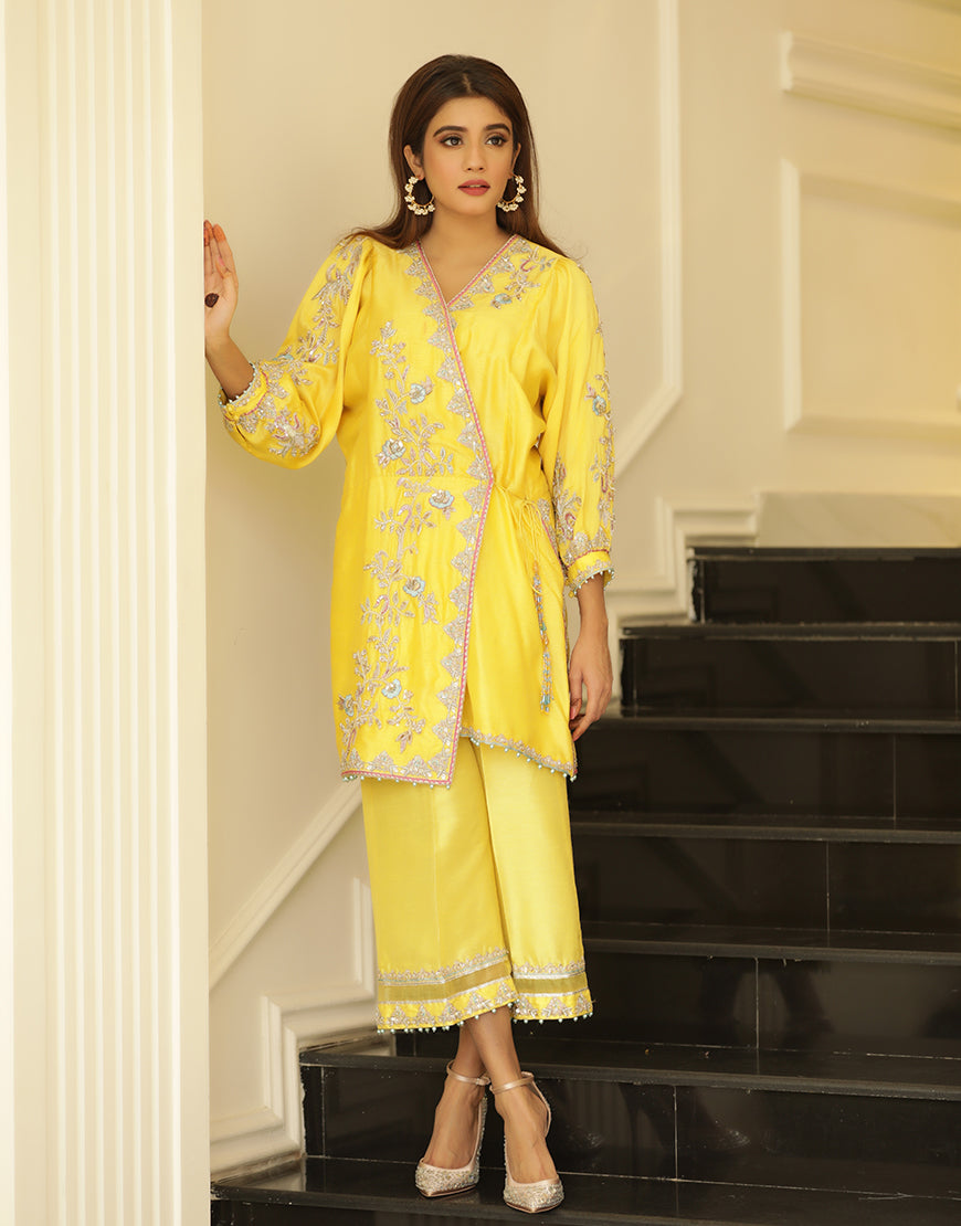 Pakistani Sunny Yellow Embroidered Raw Silk Angrakha (2-Piece) - Image 3