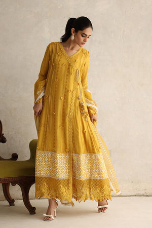 Pakistani Mustard 3D Floral Swiss Chiffon Kalidaar Angharka (3-Piece) - Image 1