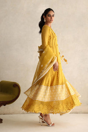 Pakistani Mustard 3D Floral Swiss Chiffon Kalidaar Angharka (3-Piece) - Image 2