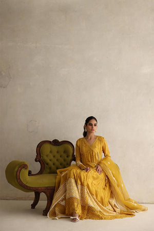 Pakistani Mustard 3D Floral Swiss Chiffon Kalidaar Angharka (3-Piece) - Image 3