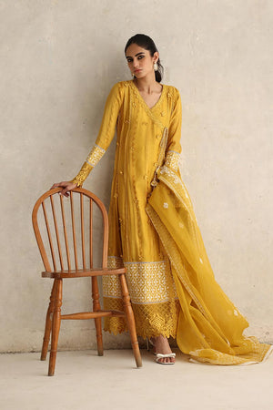 Pakistani Mustard 3D Floral Swiss Chiffon Kalidaar Angharka (3-Piece) - Image 5