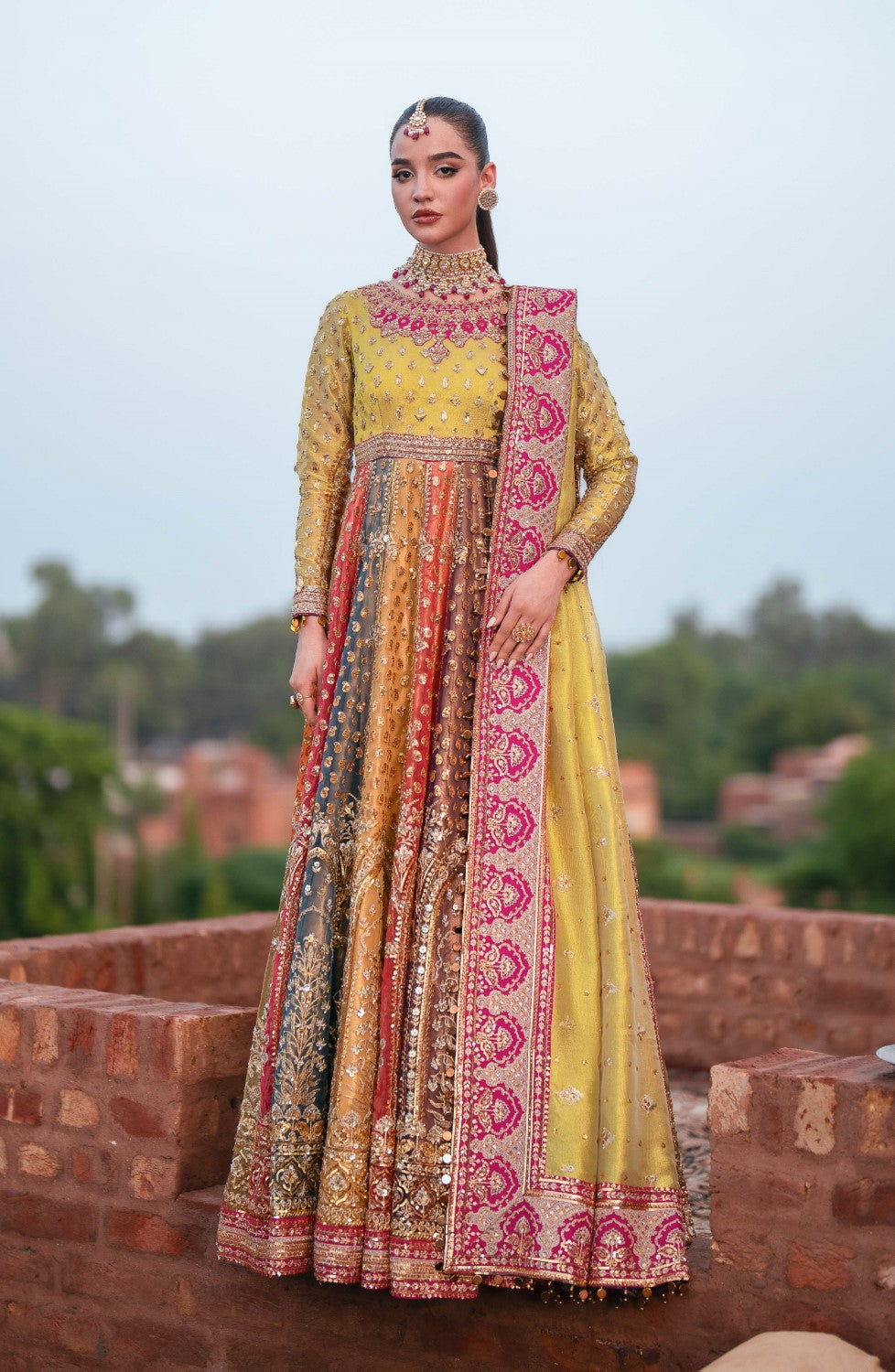 Yellow Embroidered Fancy Tissue Bridal Maxi (2-Piece) - Image 1