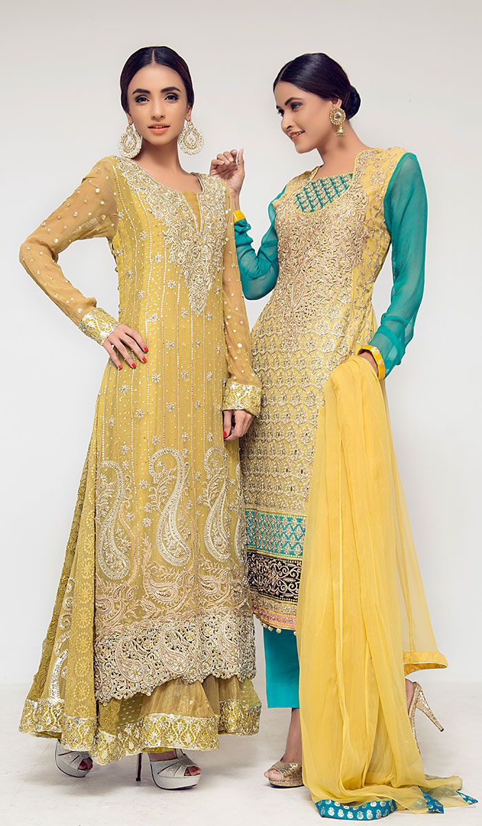 Mustard Silver Embroidered Net Anarkali Dress (2-Piece) - Image 1