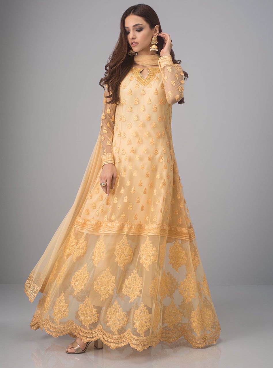 Pakistani Yellow Embroidered Net Anarkali Dress (3-Piece) - Image 2