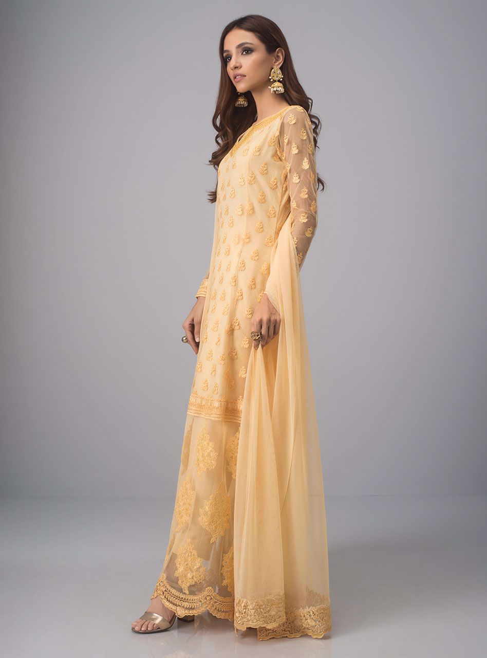 Pakistani Yellow Embroidered Net Anarkali Dress (3-Piece) - Image 3