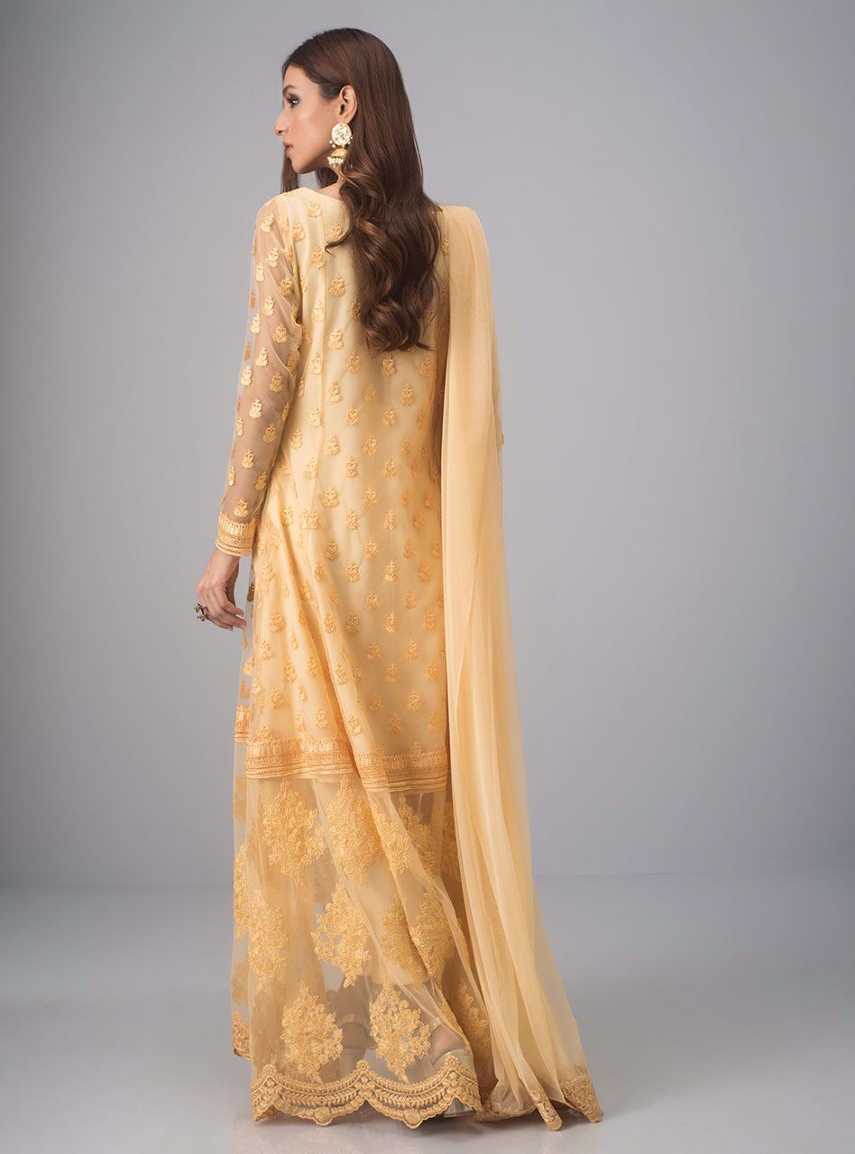 Pakistani Yellow Embroidered Net Anarkali Dress (3-Piece) - Image 4