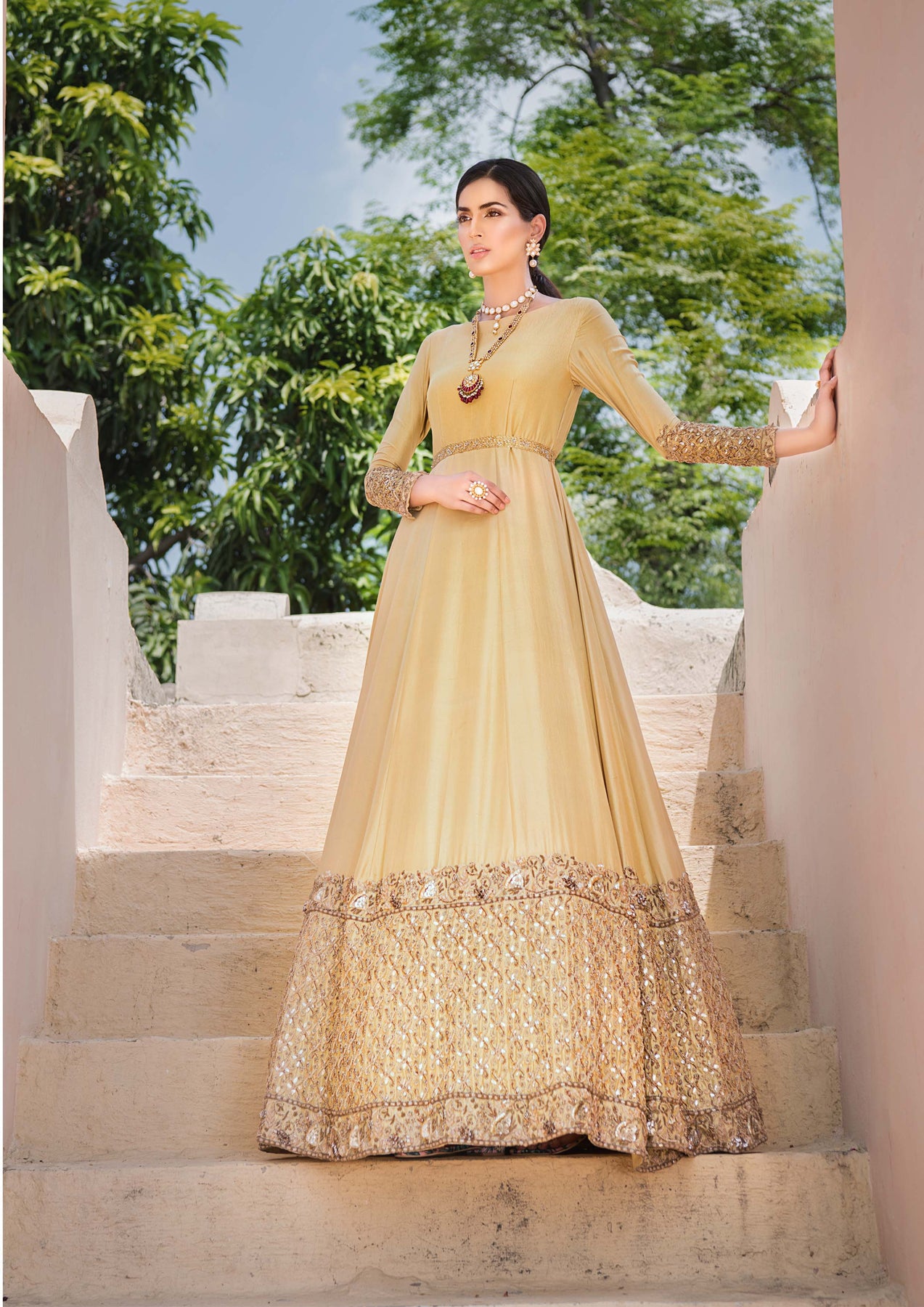 Sun Yellow Embroidered Raw Silk Anarkali Dress (1-Pc) - Image 4