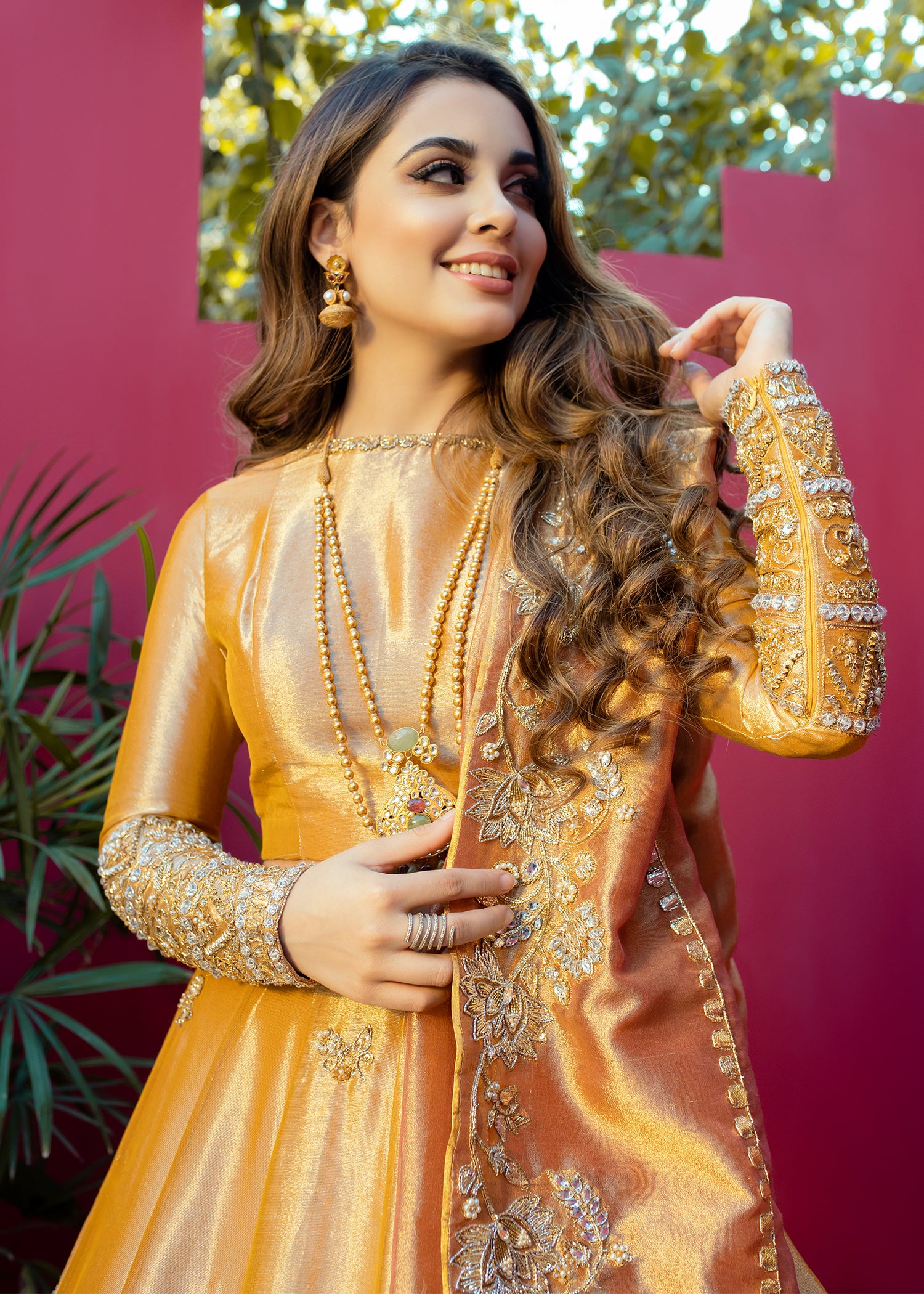 Pakistani Yellow Embroidered Tissue Anarkali Dress (2-Piece) - Image 3