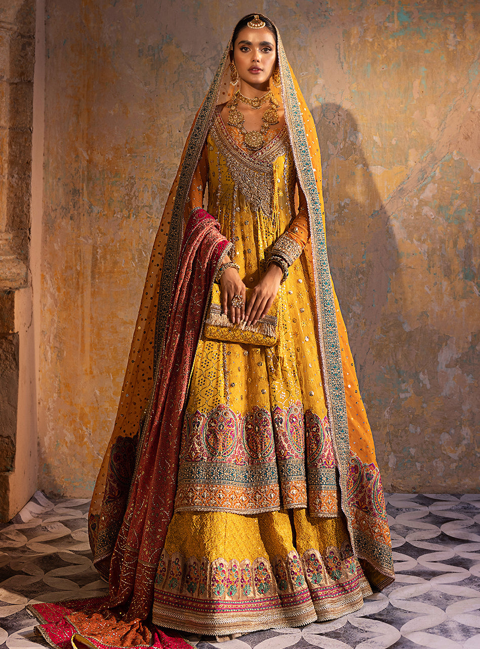 Mustard Yellow Embroidered Chiffon Angharkha (3-Piece) - Image 3