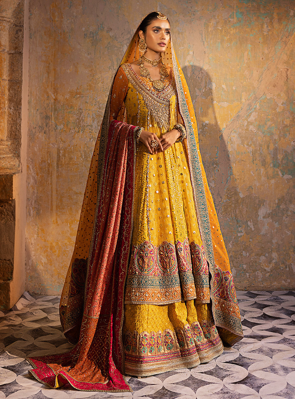 Mustard Yellow Embroidered Chiffon Angharkha (3-Piece) - Image 5