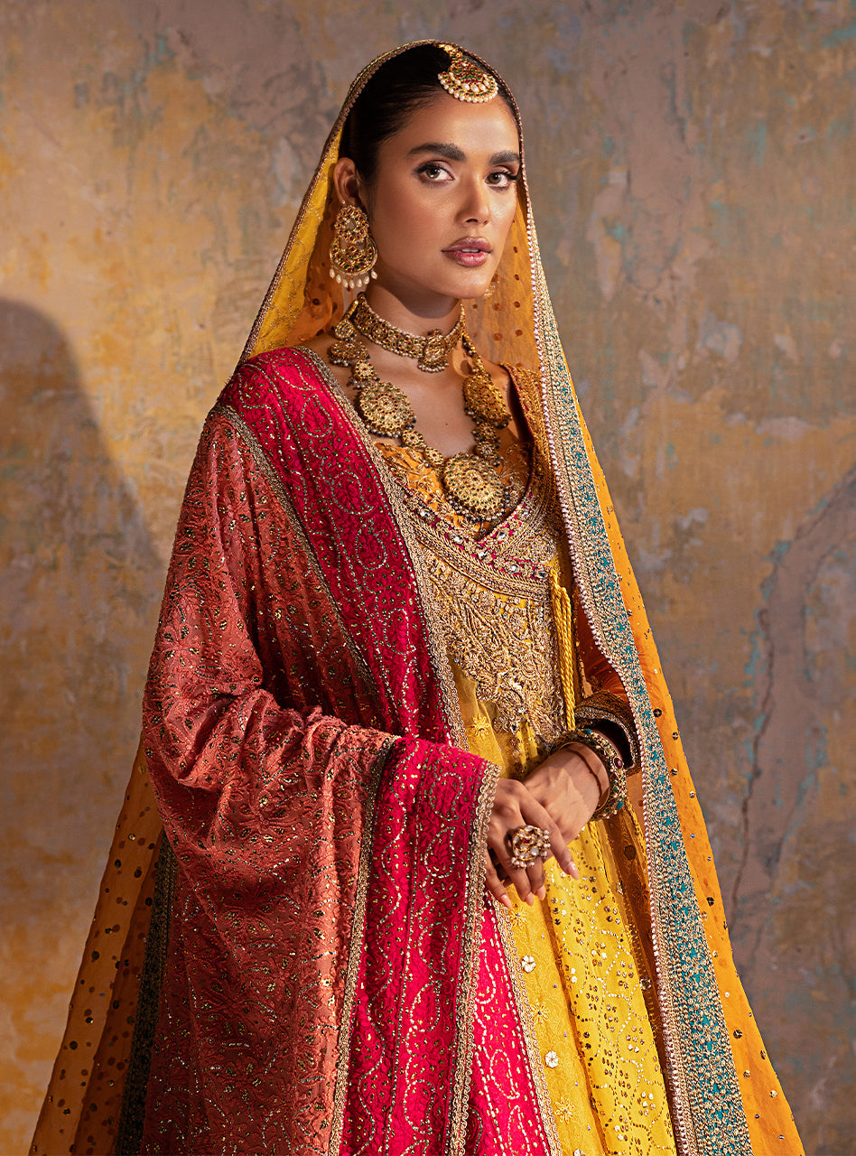 Mustard Yellow Embroidered Chiffon Angharkha (3-Piece) - Image 6