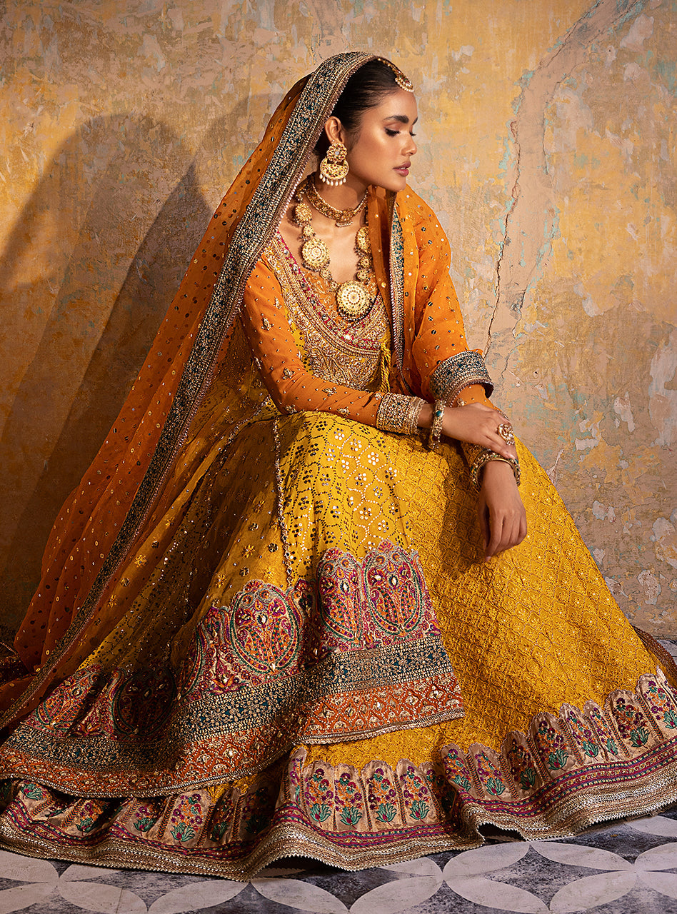 Mustard Yellow Embroidered Chiffon Angharkha (3-Piece) - Image 8