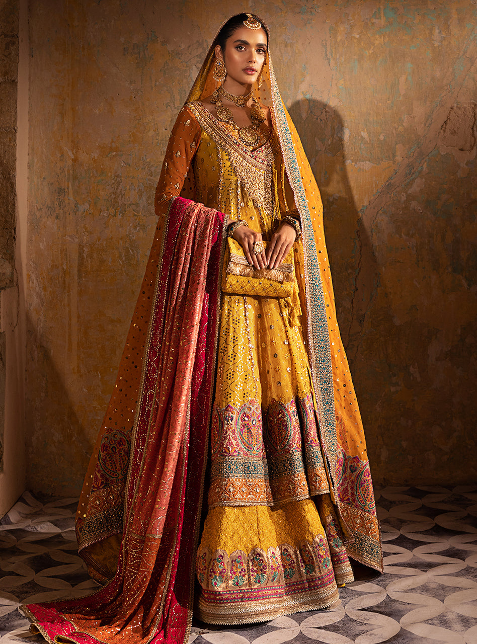 Mustard Yellow Embroidered Chiffon Angharkha (3-Piece) - Image 1