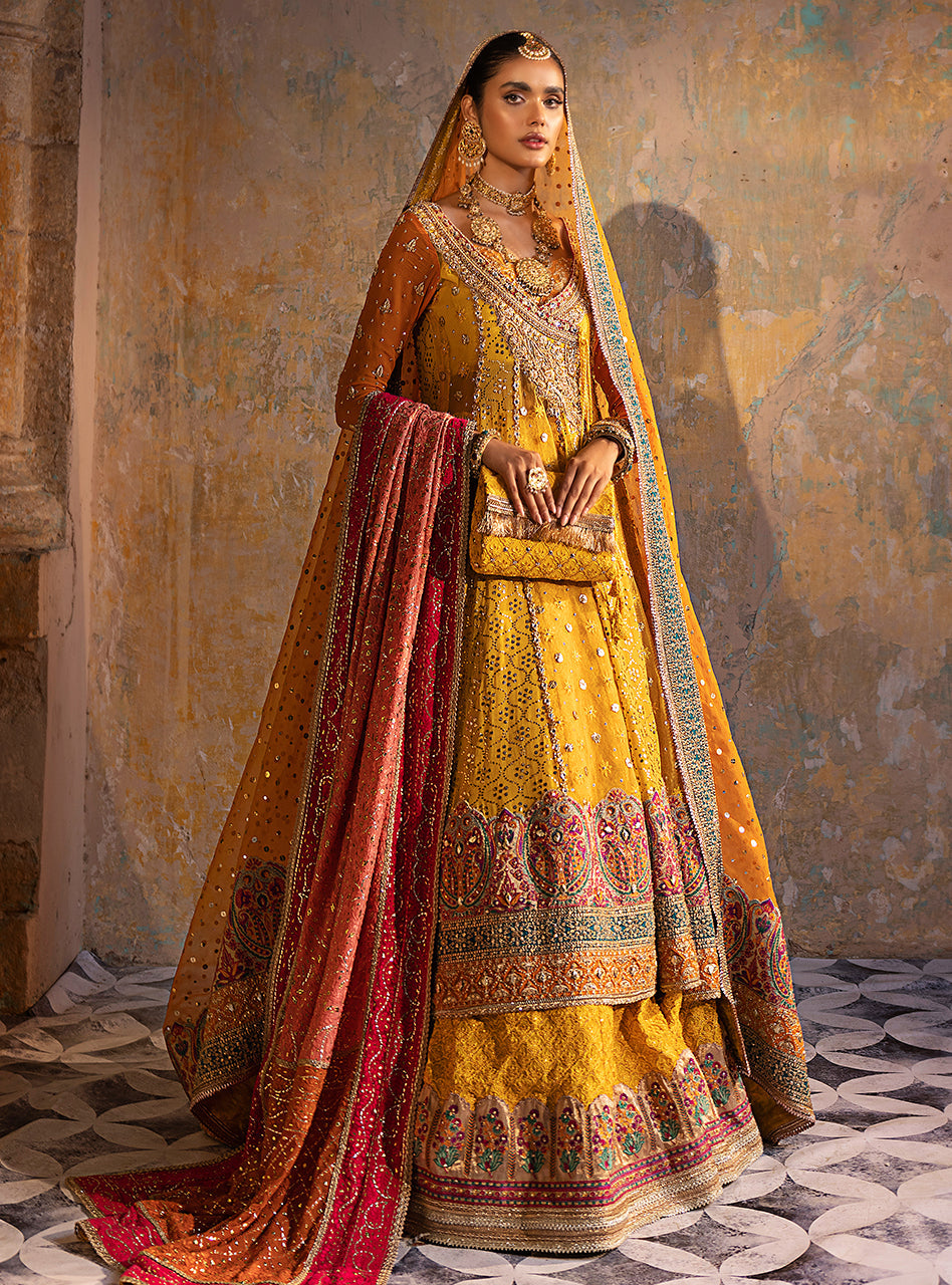 Mustard Yellow Embroidered Chiffon Angharkha (3-Piece) - Image 2