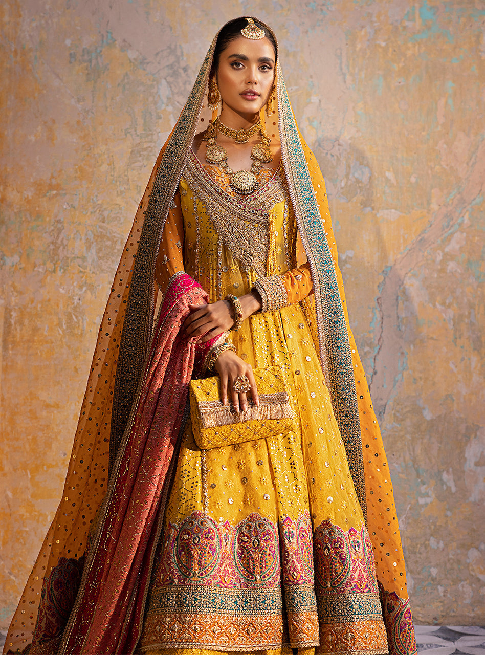 Mustard Yellow Embroidered Chiffon Angharkha (3-Piece) - Image 4
