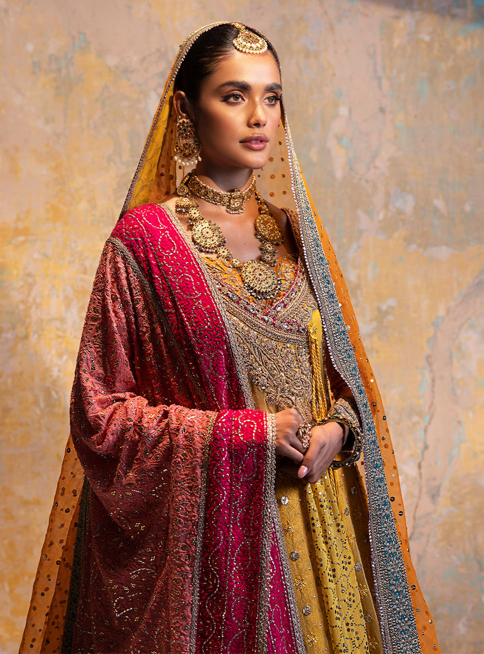 Mustard Yellow Embroidered Chiffon Angharkha (3-Piece) - Image 8