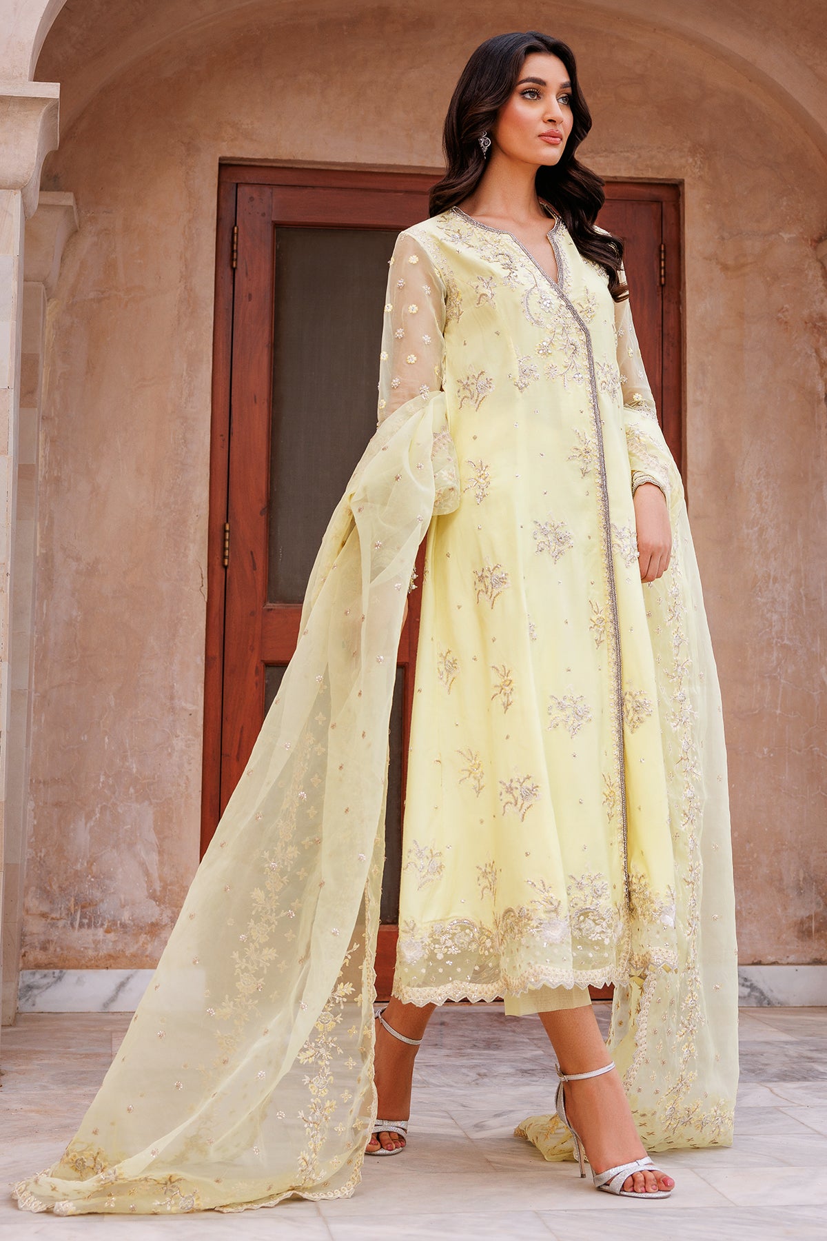 Lemon Yellow Embroidered Kataan Silk Angrakha (3-Piece) - Image 1