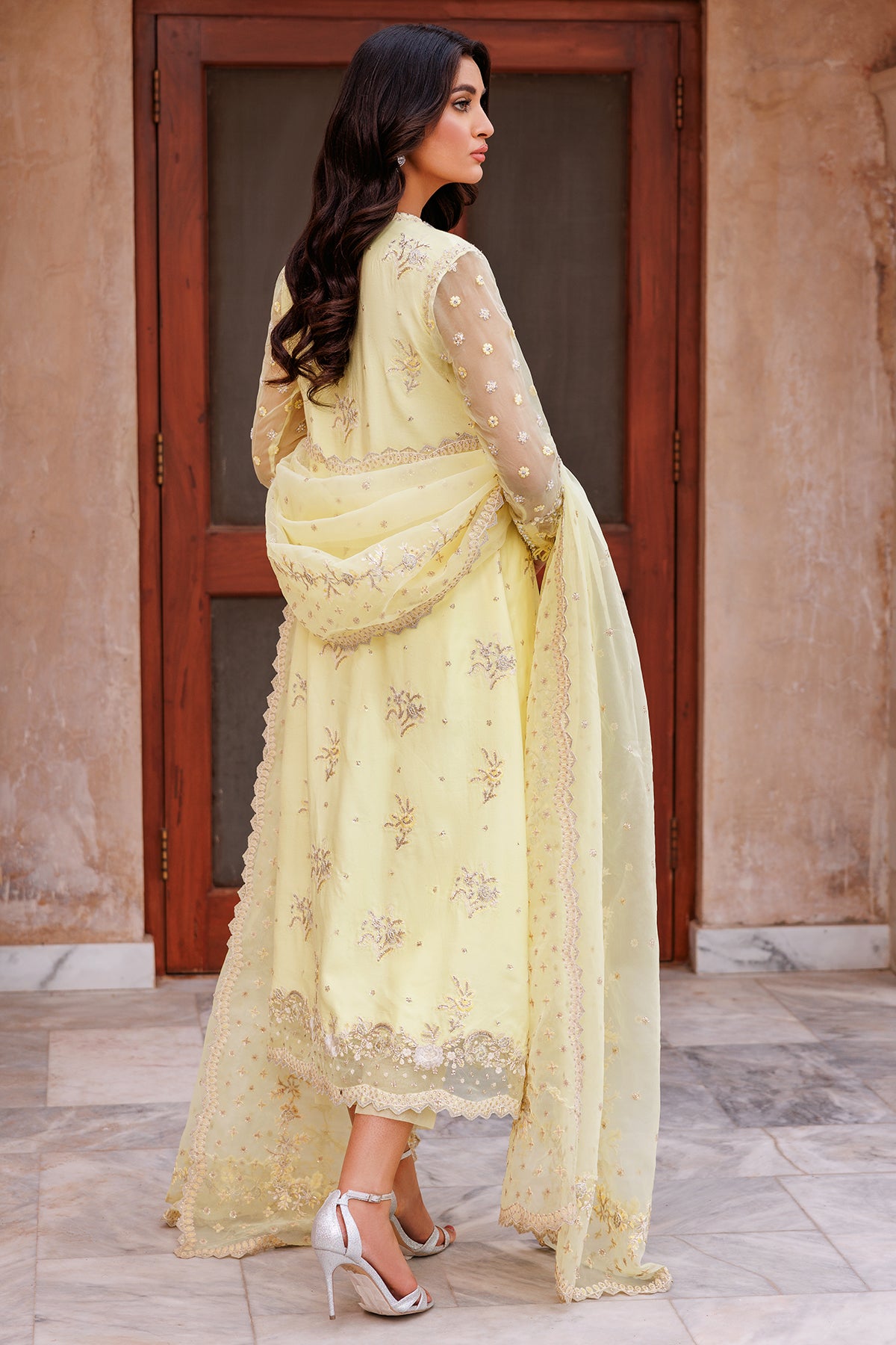 Lemon Yellow Embroidered Kataan Silk Angrakha (3-Piece) - Image 2