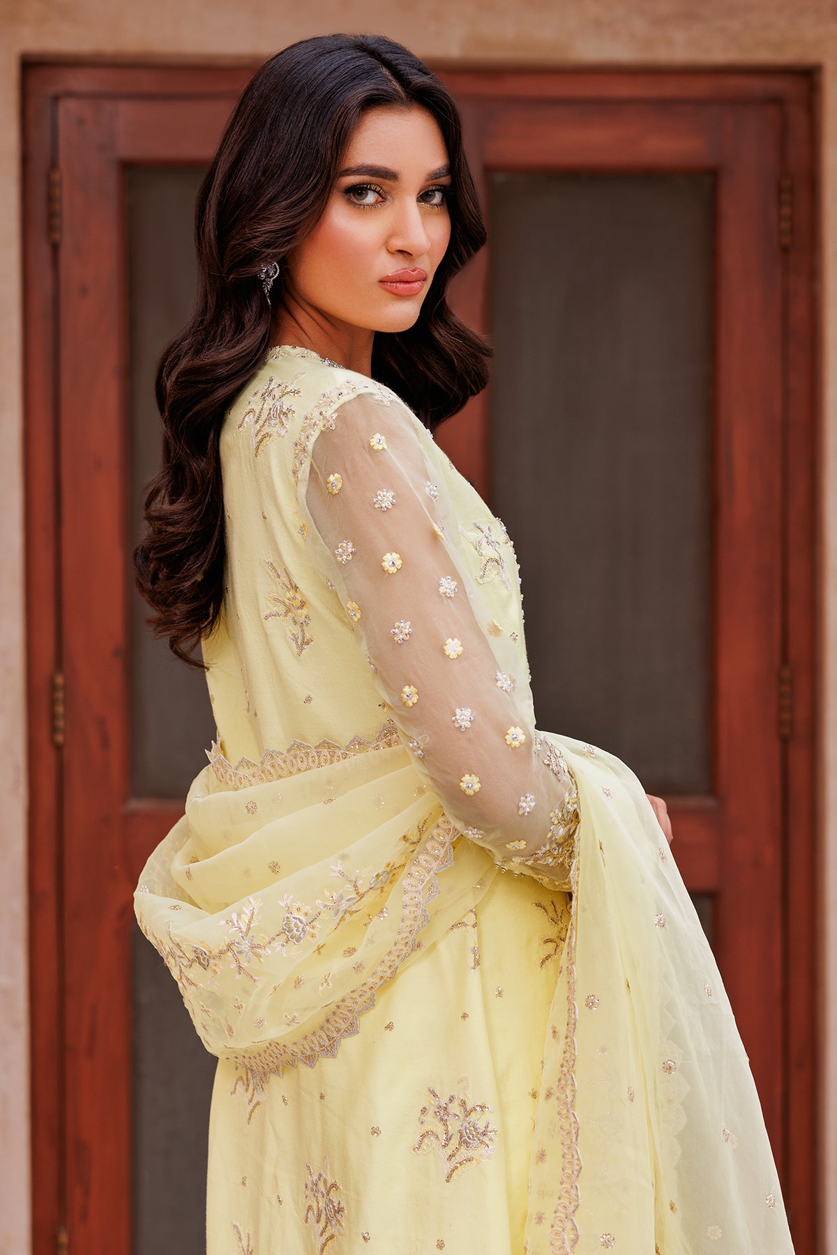 Lemon Yellow Embroidered Kataan Silk Angrakha (3-Piece) - Image 3