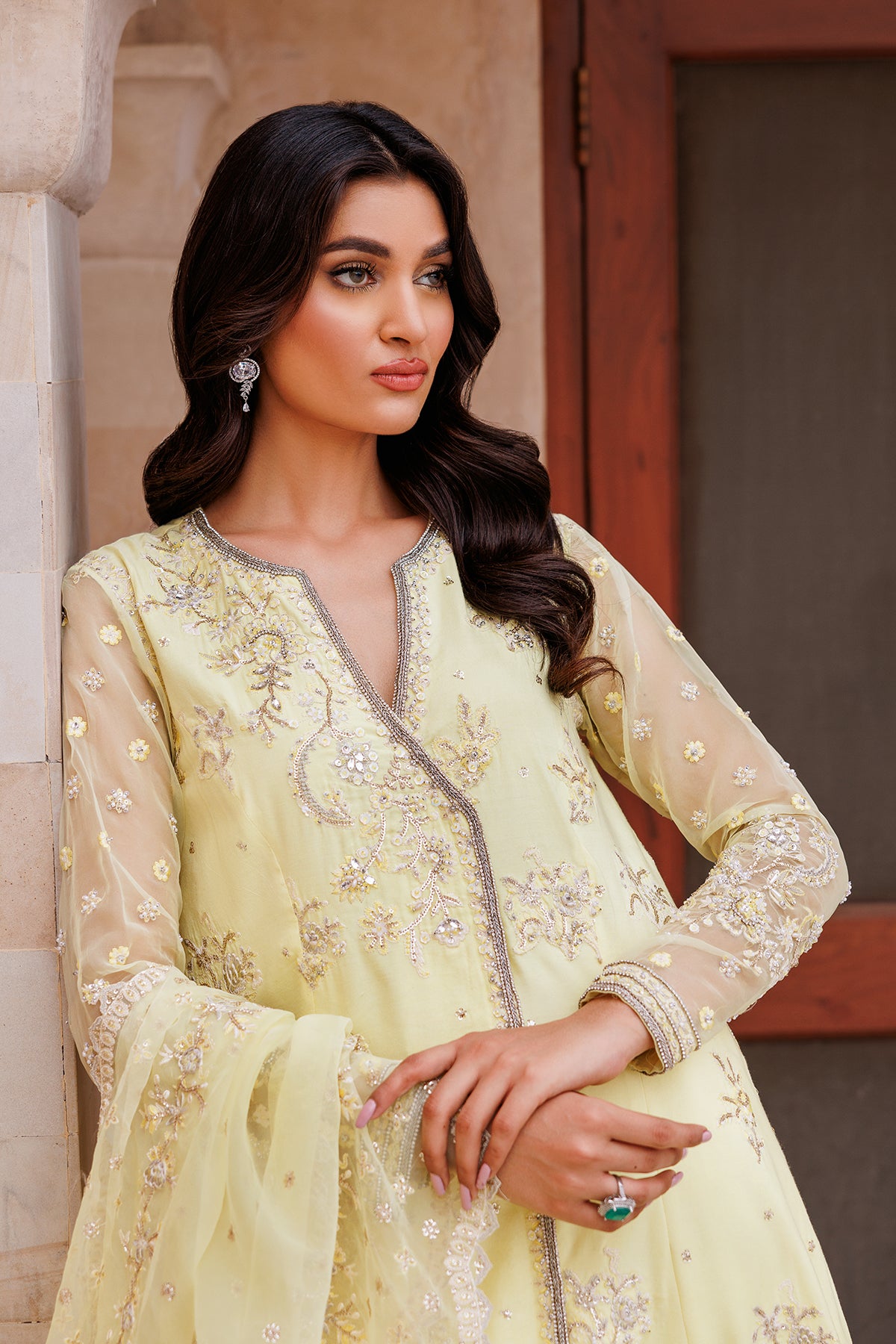 Lemon Yellow Embroidered Kataan Silk Angrakha (3-Piece) - Image 4