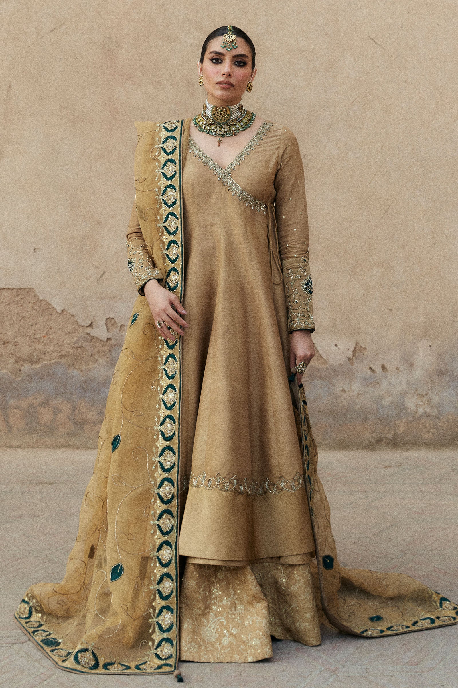 Pakistani Mustard Zardozi Korean Silk Angrakha (3-Piece) - Image 1