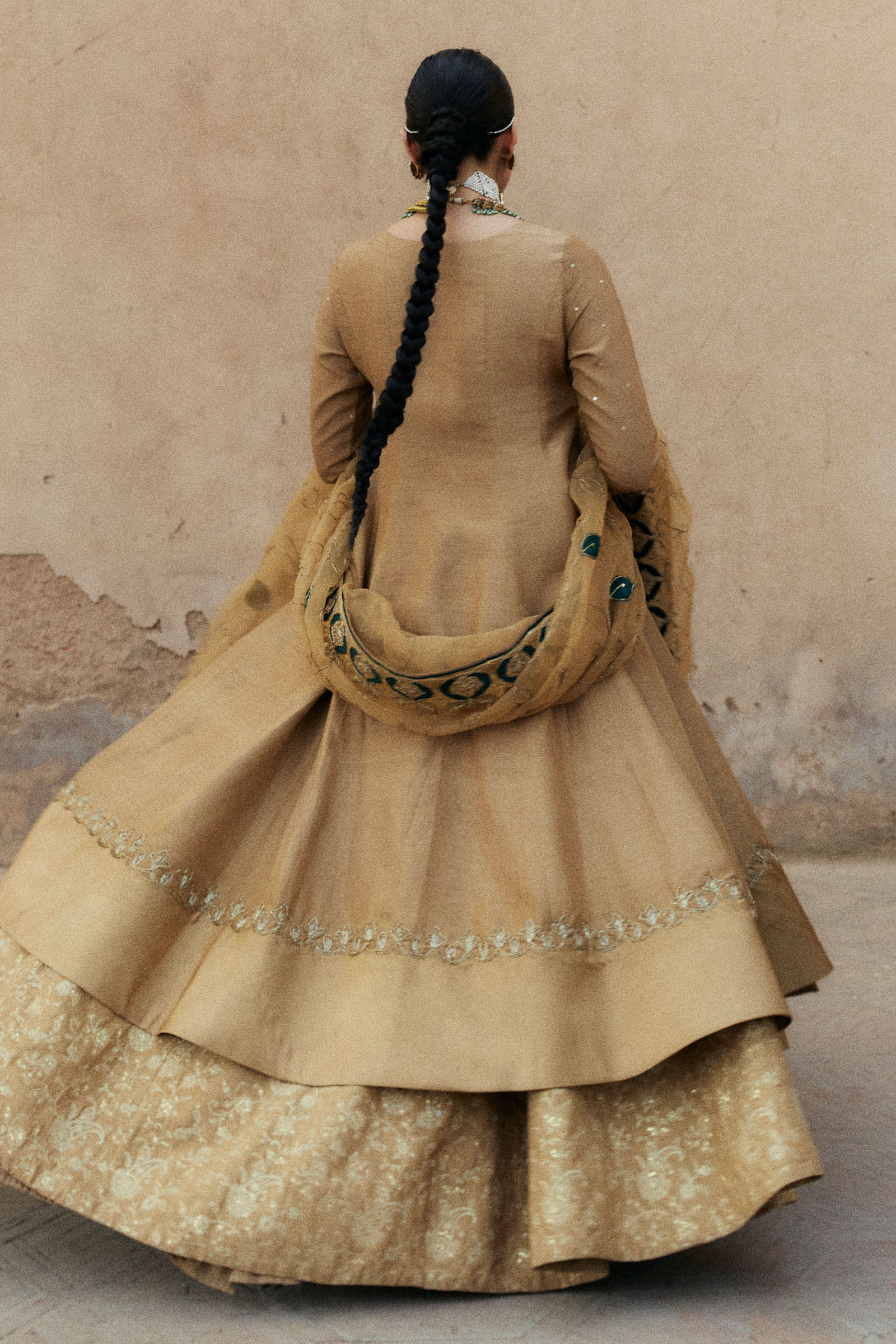 Pakistani Mustard Zardozi Korean Silk Angrakha (3-Piece) - Image 4