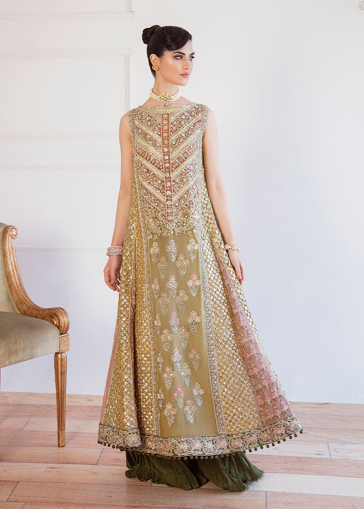 Dull Yellow Embroidered Organza Angrakha Dress (3-Piece) - Image 1