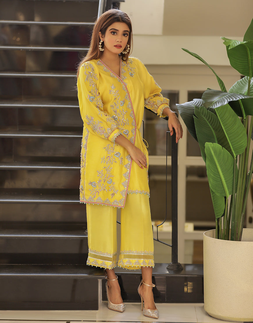 Pakistani Sunny Yellow Embroidered Raw Silk Angrakha (2-Piece) - Image 1