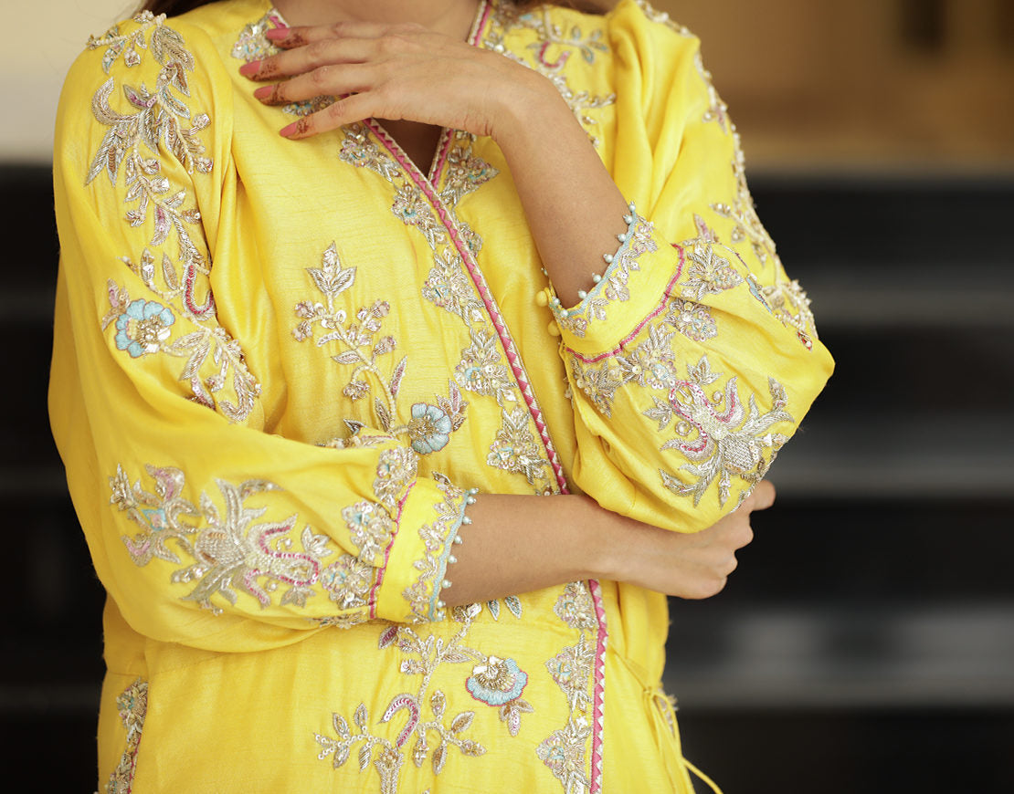 Pakistani Sunny Yellow Embroidered Raw Silk Angrakha (2-Piece) - Image 2