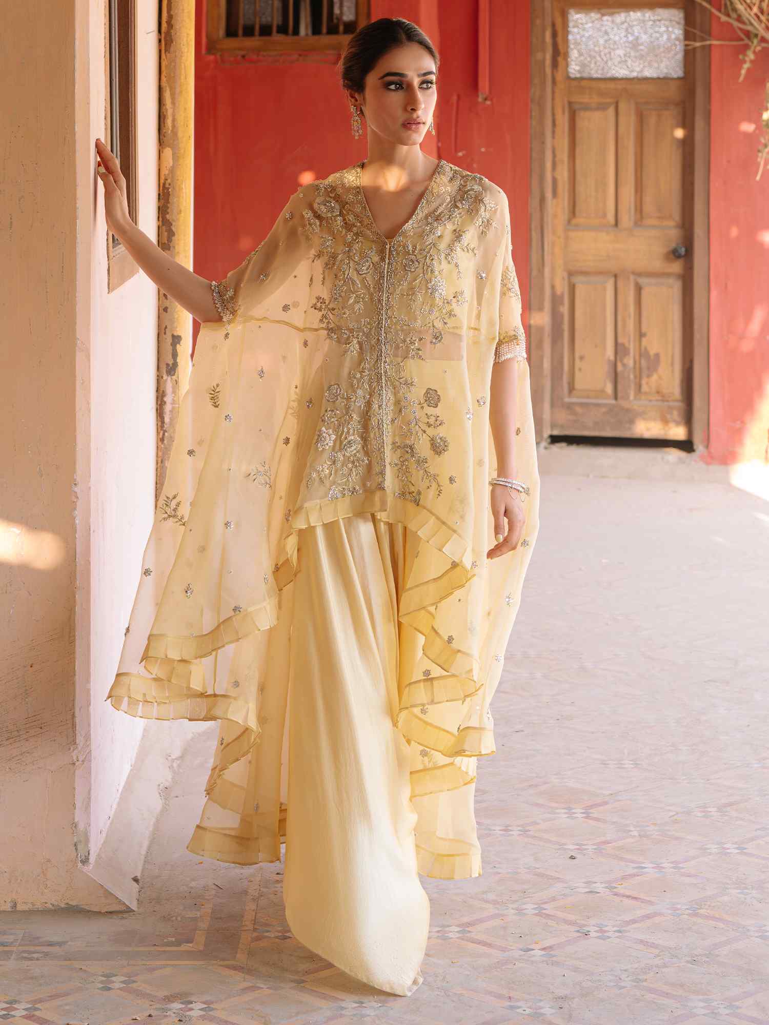 Pale Lemon-Yellow Embroidered Organza Cape Set (3-Piece) - Image 1