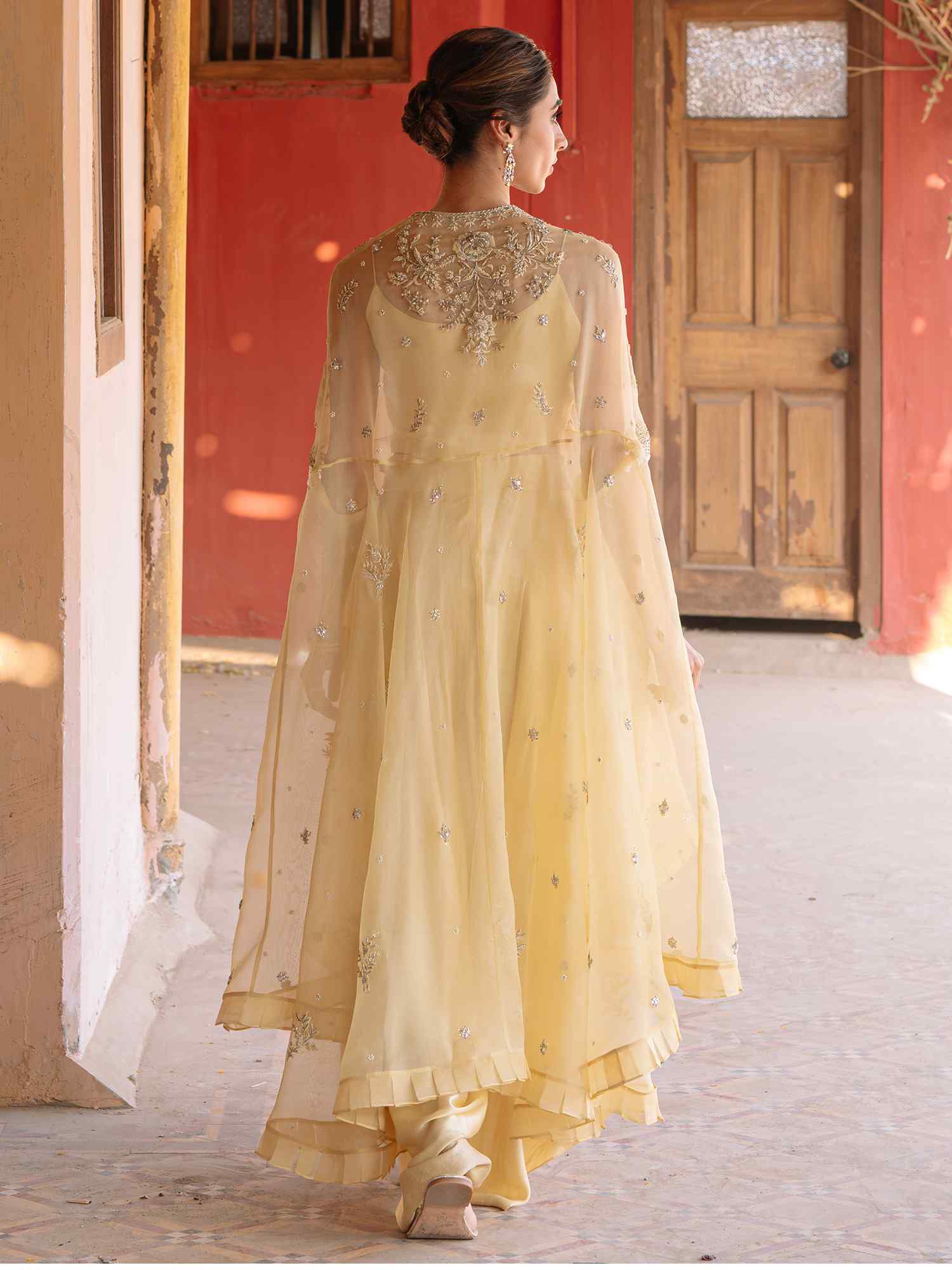 Pale Lemon-Yellow Embroidered Organza Cape Set (3-Piece) - Image 2