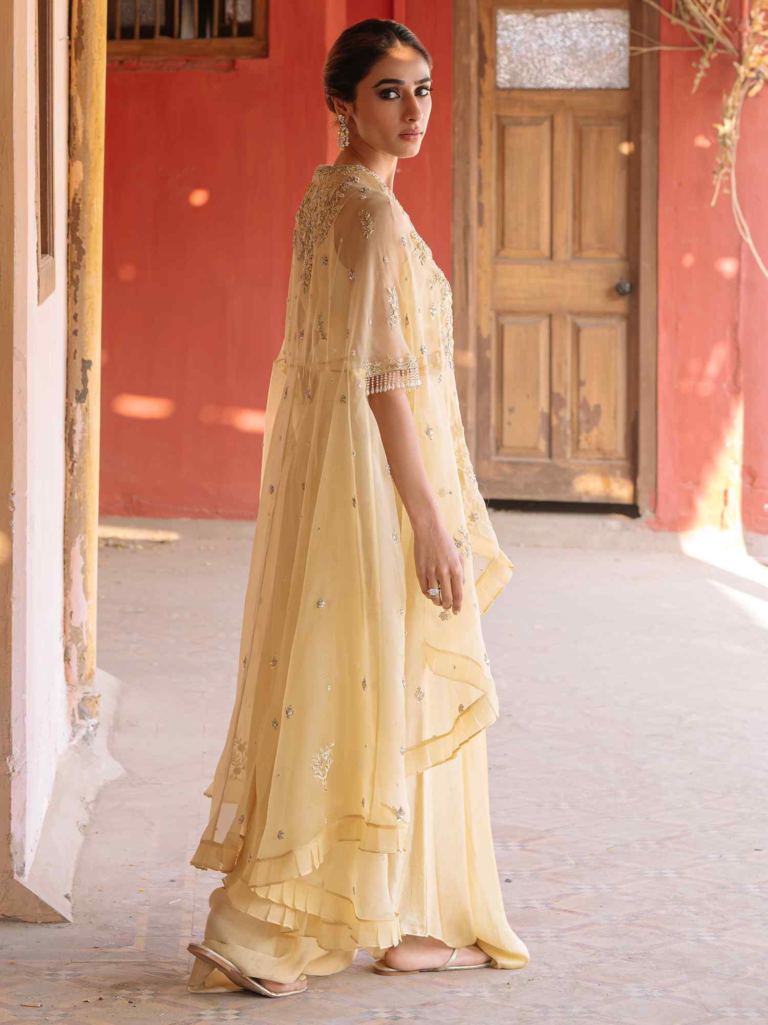 Pale Lemon-Yellow Embroidered Organza Cape Set (3-Piece) - Image 3