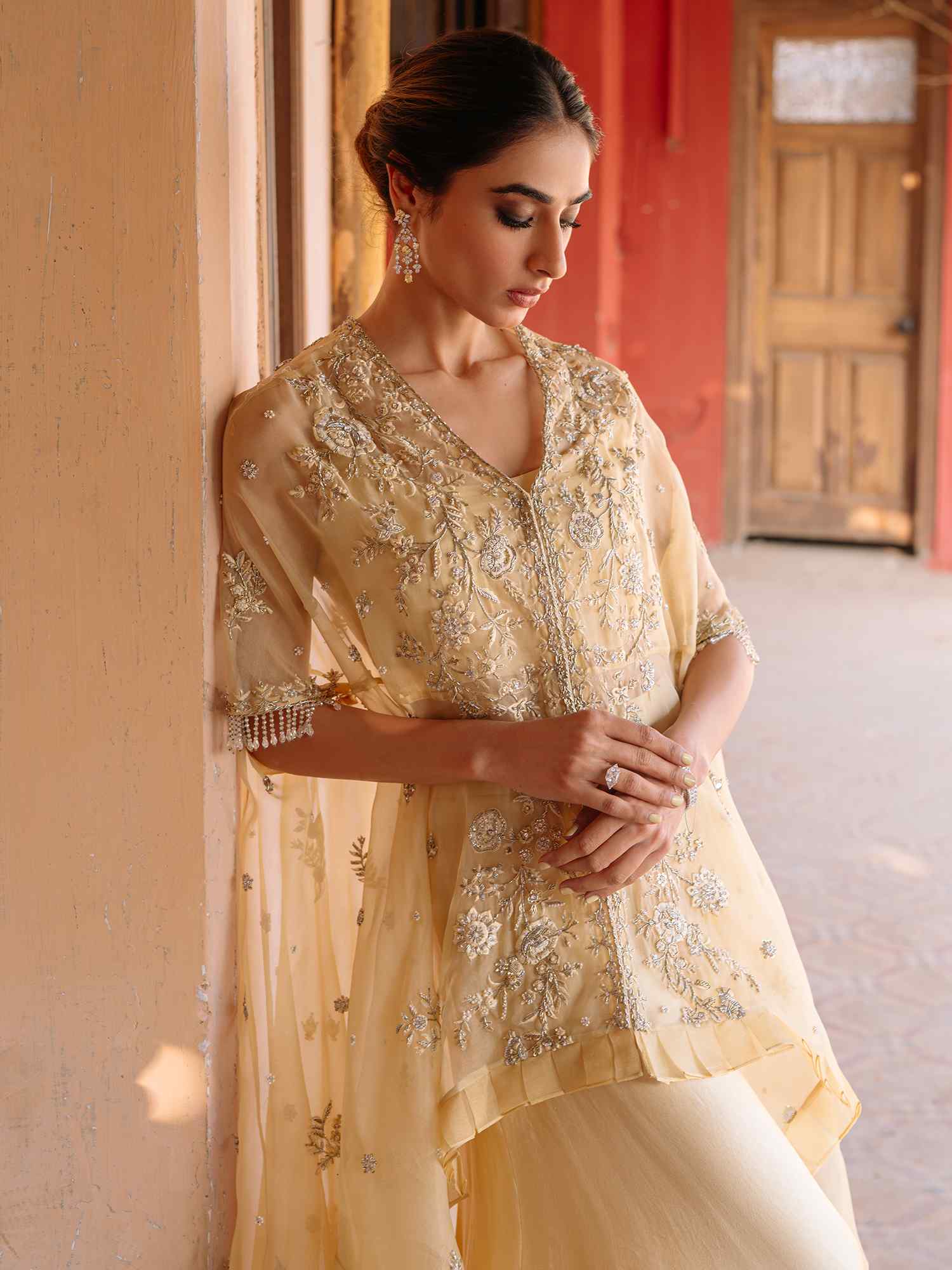 Pale Lemon-Yellow Embroidered Organza Cape Set (3-Piece) - Image 4