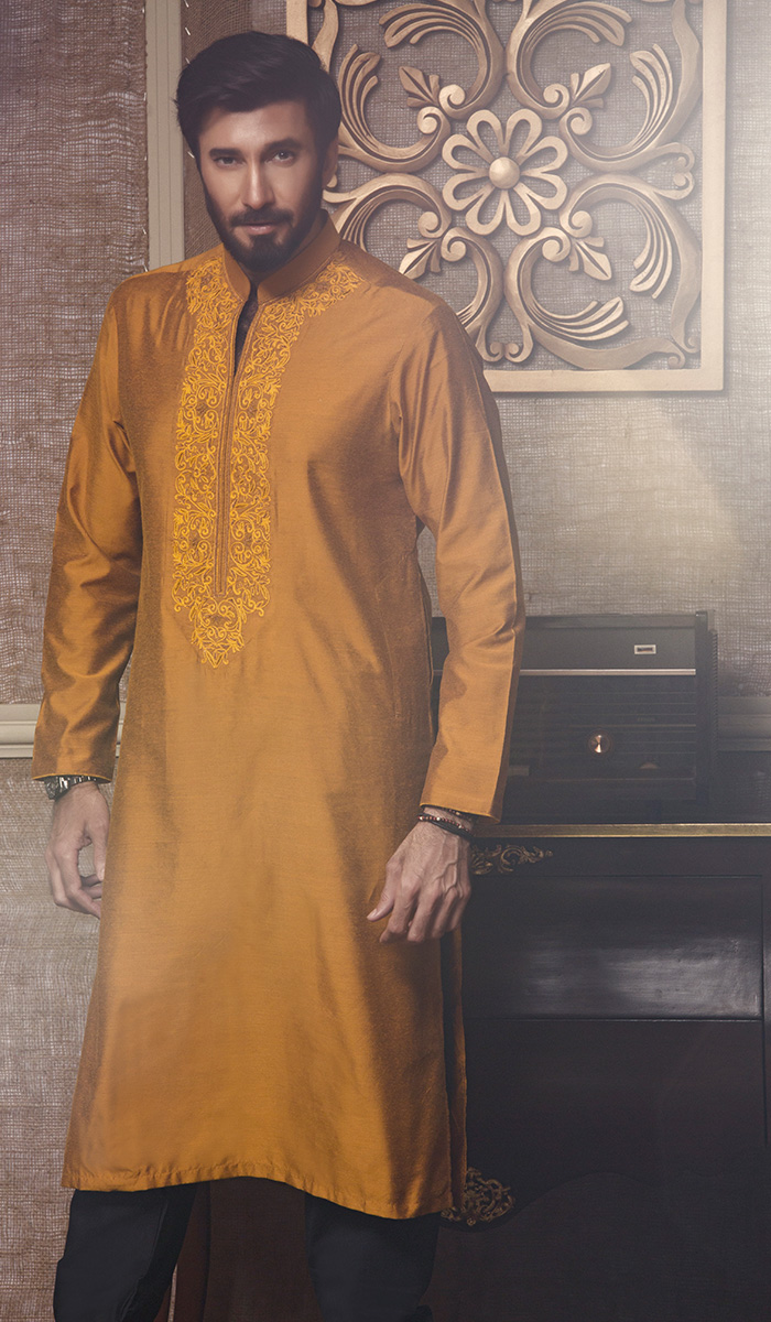 Marigold Yellow Thread Embroidered Cotton Silk Kurta (2-Piece) - Image 1