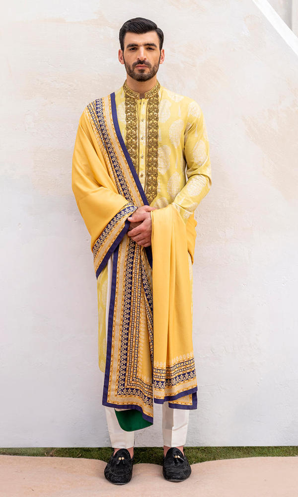 Chrome Yellow Handworked Silk-Blend Kurta Patti (3-Piece) - Image 2