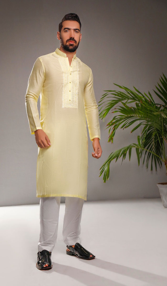 Daffodil Yellow Hand-Embroidered Silk-Blend Kurta (2-Piece) - Image 1