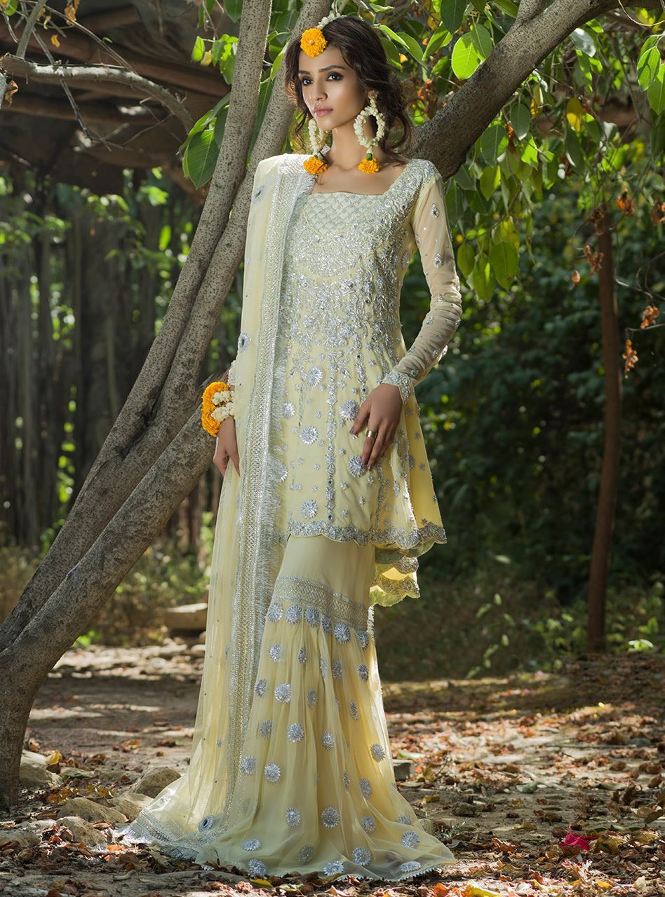 Lemon Yellow Embellished Chiffon Gharara (3-Piece) - Image 1