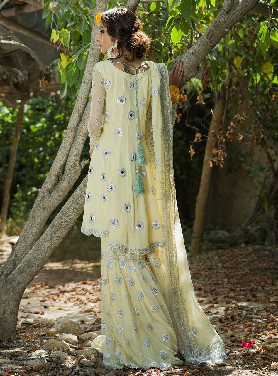 Lemon Yellow Embellished Chiffon Gharara (3-Piece) - Image 3