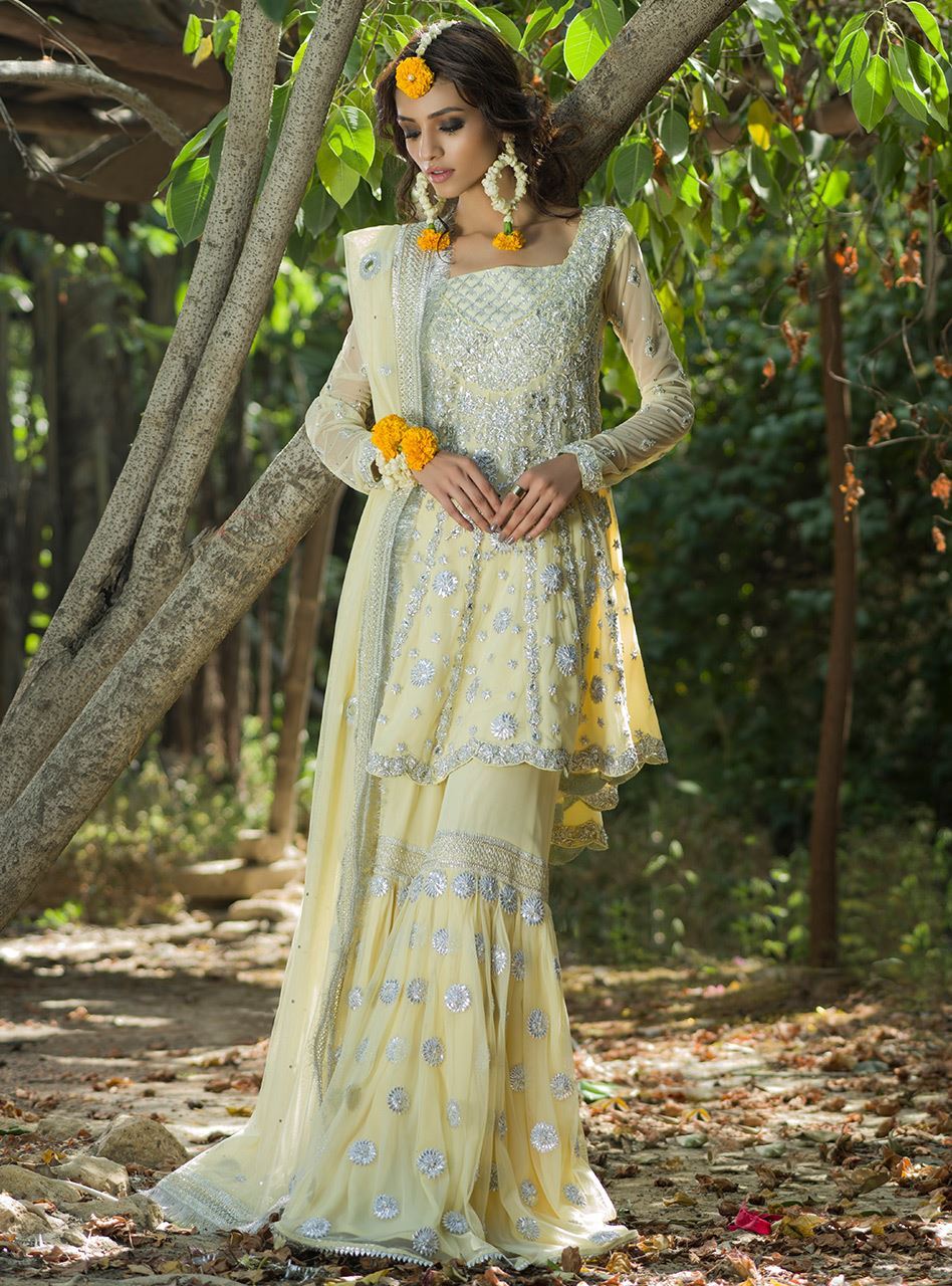 Lemon Yellow Embellished Chiffon Gharara (3-Piece) - Image 4