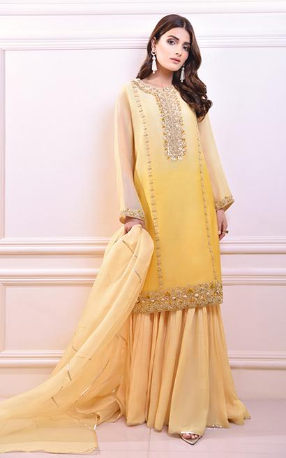Lemon Yellow Zardosi Cotton Net Gharara (3-Piece) - Image 1