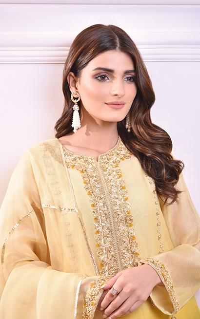 Lemon Yellow Zardosi Cotton Net Gharara (3-Piece) - Image 2