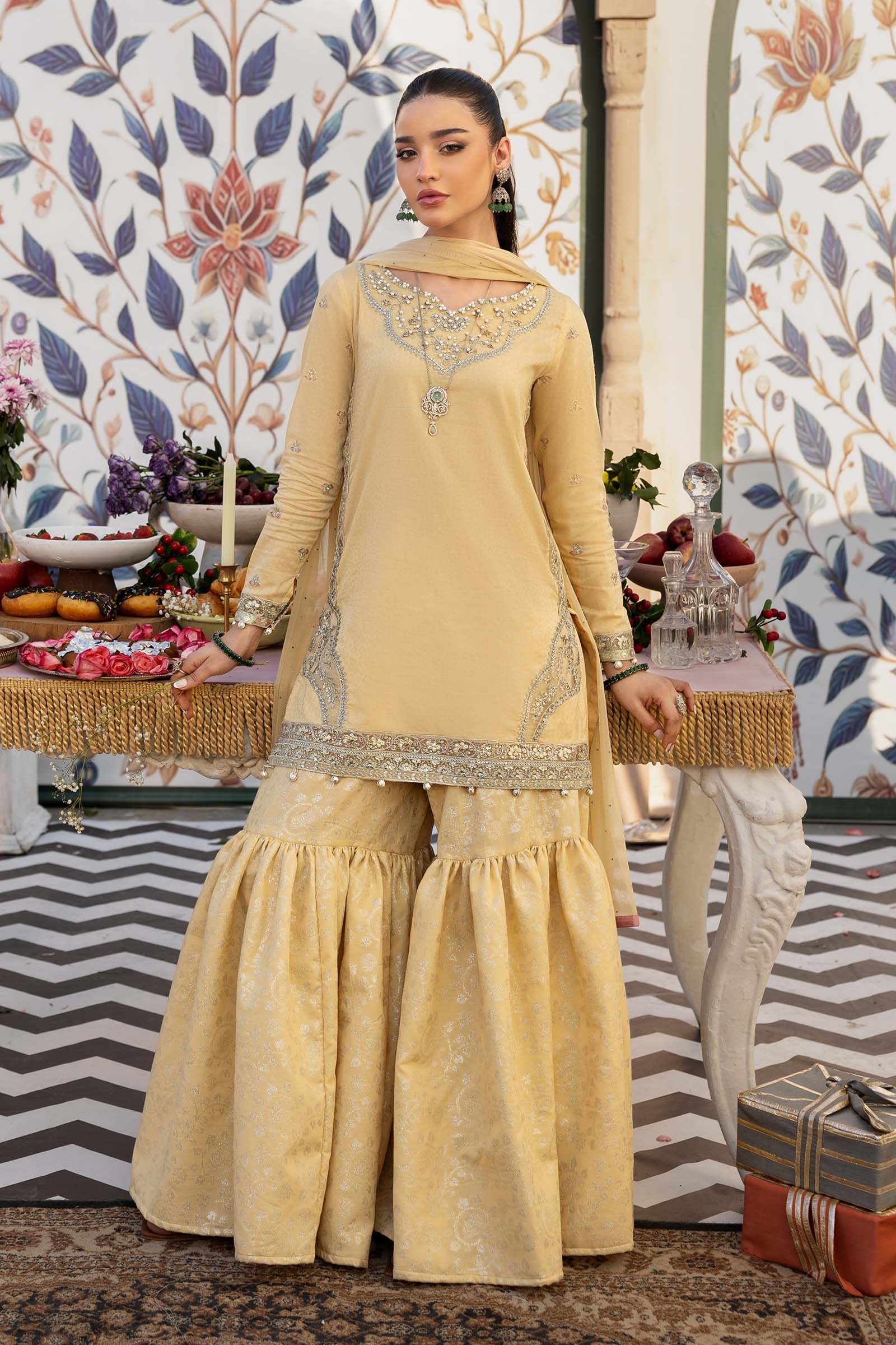 Pale Yellow Embroidered Dobby Lawn Gharara Suit (3-Piece) - Image 1
