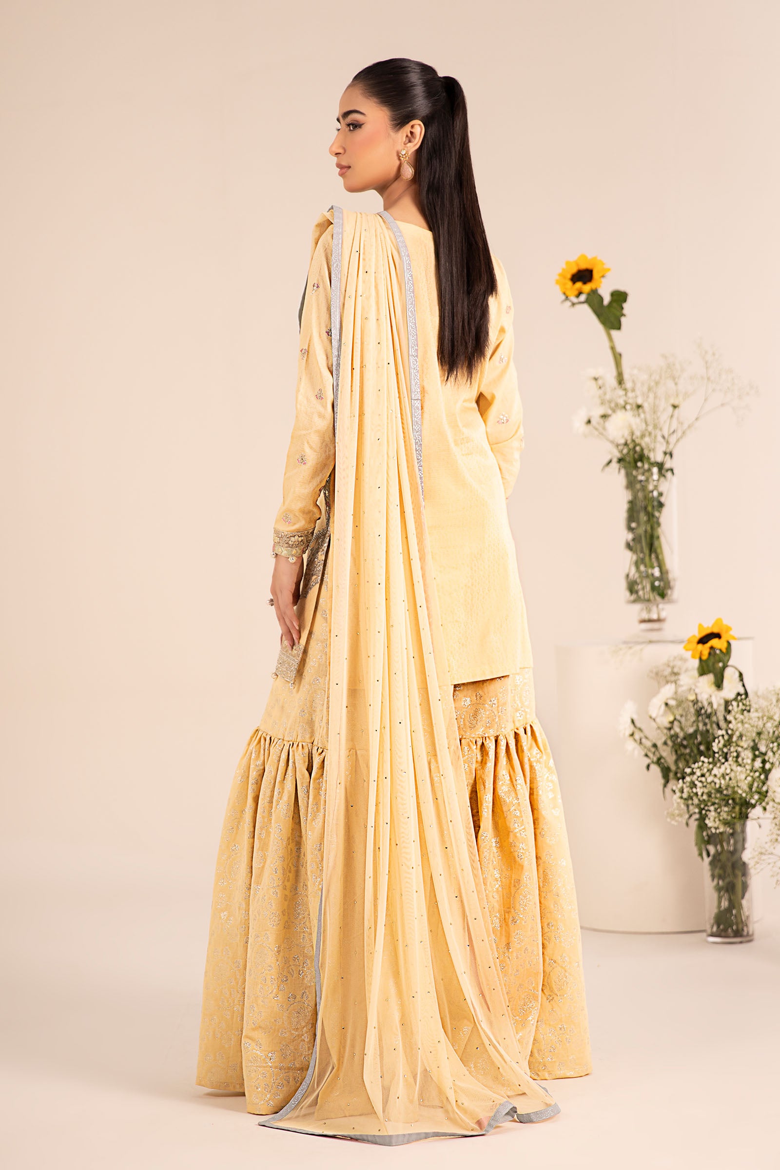 Pale Yellow Embroidered Dobby Lawn Gharara Suit (3-Piece) - Image 10
