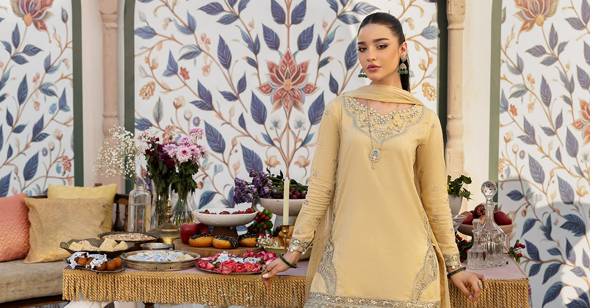 Pale Yellow Embroidered Dobby Lawn Gharara Suit (3-Piece) - Image 11