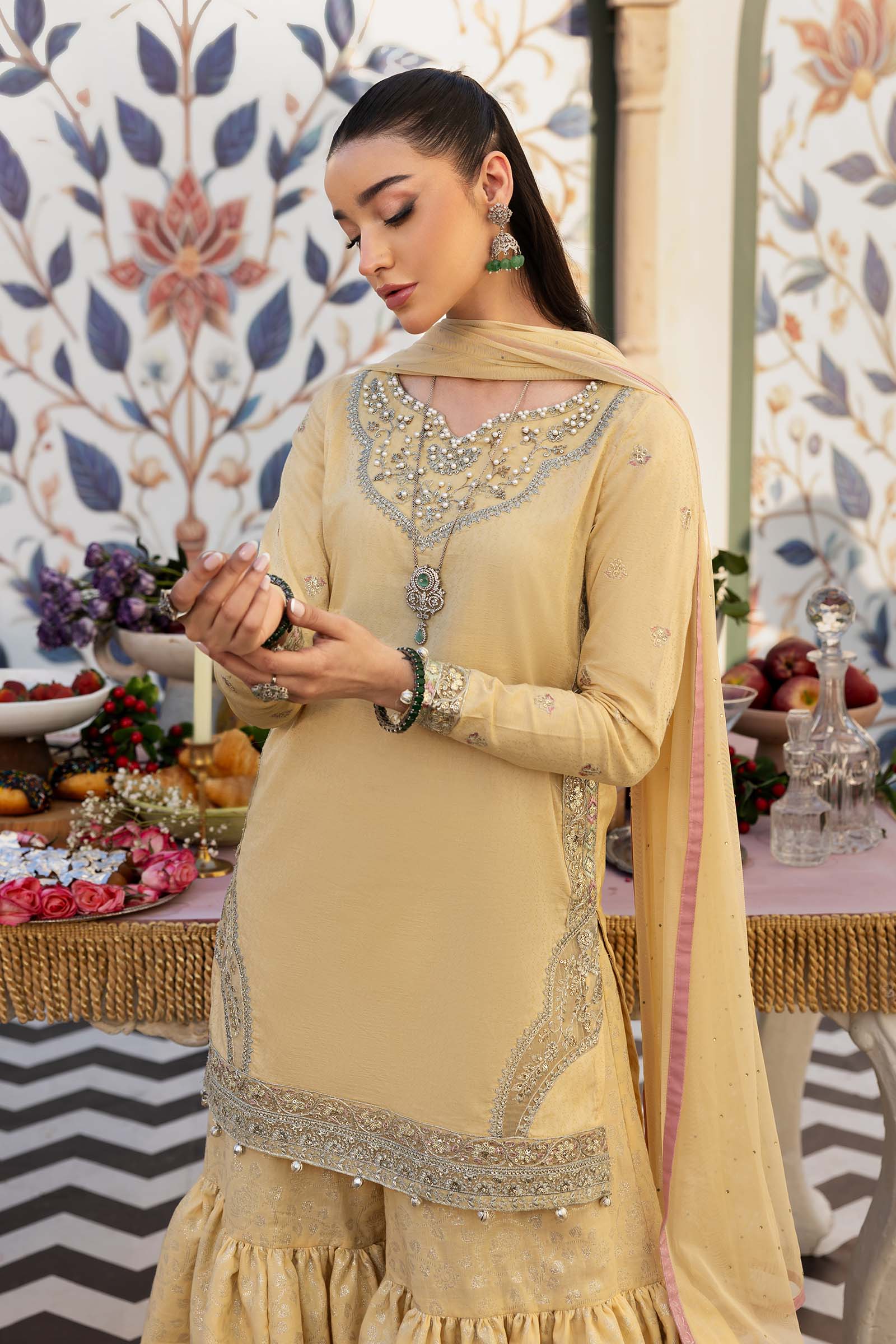 Pale Yellow Embroidered Dobby Lawn Gharara Suit (3-Piece) - Image 2