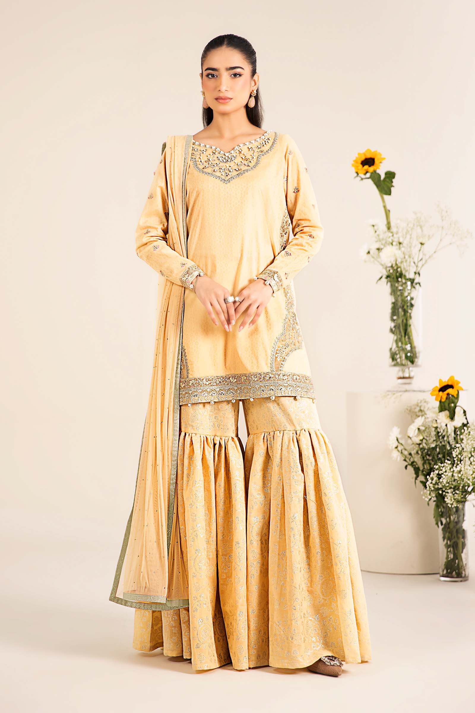 Pale Yellow Embroidered Dobby Lawn Gharara Suit (3-Piece) - Image 3